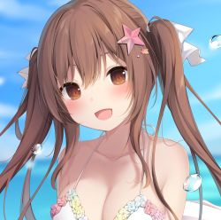 Rule 34 | 1girl, :d, amashiro natsuki, bad id, bad twitter id, bare shoulders, bikini, blue flower, blue rose, blue sky, blurry, blurry background, blush, brown eyes, brown hair, bubble, cloud, collarbone, commentary request, day, depth of field, flower, hair between eyes, hair ribbon, halterneck, head tilt, long hair, looking at viewer, open mouth, original, outdoors, pink flower, pink rose, ribbon, rose, sidelocks, sky, smile, solo, starfish hair ornament, swimsuit, twintails, upper body, white bikini, white ribbon, yellow flower, yellow rose
