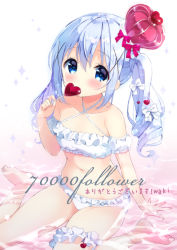 Rule 34 | 1girl, arm support, bare legs, bare shoulders, barefoot, bikini, blue eyes, blue hair, blush, bow, bridal garter, candy, collarbone, commentary request, covered mouth, criss-cross halter, crown, detached sleeves, food, frilled bikini, frills, fur-trimmed headwear, fur trim, gochuumon wa usagi desu ka?, hair between eyes, hair bow, hair ornament, halterneck, hand up, heart, heart hair ornament, heart-shaped lollipop, highres, holding, holding candy, holding food, holding lollipop, kafuu chino, lollipop, long hair, looking at viewer, milestone celebration, mini crown, neki (wakiko), puffy short sleeves, puffy sleeves, red bow, shallow water, shaped lollipop, short sleeves, sitting, solo, sparkle, swimsuit, tilted headwear, translation request, twintails, wariza, water, white bikini, white bow, white sleeves, x hair ornament