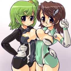 Rule 34 | 10s, 2girls, arm around waist, asymmetrical docking, bad id, bad pixiv id, blush, breast press, breasts, bright feather (busou shinki), brown hair, busou shinki, cleavage, cleavage cutout, clenched hand, clothing cutout, covered navel, cowboy shot, cross, cross hair ornament, dd (ijigendd), doll joints, elbow gloves, glasses, gloves, gradient background, green hair, grey background, hair ornament, hairclip, hand on own hip, hand up, harmony grace, hip focus, hug, joints, large breasts, leotard, light smile, looking at viewer, multiple girls, one side up, orange eyes, rimless eyewear, short hair, smile, swept bangs, symmetrical docking, unaligned breasts, white gloves, yellow eyes
