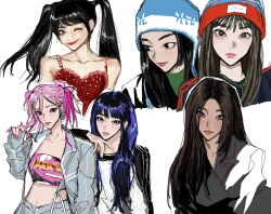 Rule 34 | 2girls, aespa, animification, beanie, blue hair, blue headwear, blue jacket, brown eyes, camisole, collarbone, giselle (aespa), green shirt, grey jacket, hat, highres, jacket, k-pop, karina (aespa), lipstick, long bangs, looking at viewer, looking down, makeup, midriff, multiple girls, multiple views, murenzi, navel, parted bangs, pink hair, pink tube top, real life, red camisole, red lips, shirt, smile, spicy (aespa), tube top, twintails