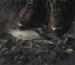 Rule 34 | bad id, bad pixiv id, boots, cross-laced footwear, from above, grass, nature, no humans, on ground, puddle, ripples, rock, still life, uruo, water