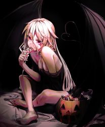 Rule 34 | 1girl, bare legs, bare shoulders, barefoot, black background, black shirt, black wings, blonde hair, blood, bloody tears, blue eyes, breasts, candy, cleavage, demon tail, demon wings, food, grey hair, hair between eyes, halloween, halloween bucket, heart, heart tail, highres, holding, holding candy, holding food, holding lollipop, ia (vocaloid), lollipop, long hair, medium breasts, off shoulder, overlord (overlord80000), pink blood, shirt, signature, simple background, sitting, solo, tail, vocaloid, wings