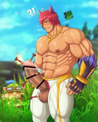 Rule 34 | 2boys, abs, absurdres, animal ears, armpit hair, armpits, bar censor, bara, biceps, blood, blurry, blurry background, bush, censored, chest hair, cloud, cloudy sky, coco342, dart, erection, fingerless gloves, gauntlets, gloves, goggles, grass, guro, hat, highres, huge penis, jewelry, large pectorals, league of legends, male focus, manly, mature male, multiple boys, muscular, muscular male, navel, navel hair, necklace, nipple piercing, nipples, outdoors, pants, pectorals, penis, piercing, pubic hair, red hair, scar, scar on face, scar on nose, sett (league of legends), sky, spiked hair, sunlight, sweat, sweatdrop, teemo, teeth, testicles, thick arms, thick eyebrows, thick thighs, thighs, tight clothes, veins, veiny arms, veiny penis, yellow eyes