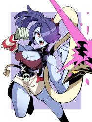 Rule 34 | 1girl, bare shoulders, blue hair, blue skin, breasts, cleavage, cleavage cutout, clothing cutout, colored skin, detached collar, detached sleeves, hair over one eye, highres, leviathan (skullgirls), looking at viewer, medium breasts, red eyes, shorts, side ponytail, skeletal arm, skullgirls, solo, squigly (skullgirls), striped, striped sleeves, zombie