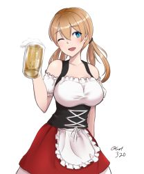 Rule 34 | 10s, 1girl, :d, ;d, alcohol, alternate costume, beer, beer mug, blonde hair, blue eyes, blush, breasts, cup, dirndl, german clothes, hayabusa (vert 320), highres, kantai collection, large breasts, long hair, looking at viewer, low twintails, mug, oktoberfest, one eye closed, open mouth, prinz eugen (kancolle), signature, smile, solo, twintails, twitter username, underbust