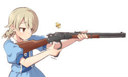 Rule 34 | 1girl, afterimage, bad id, bad pixiv id, blue dress, brown eyes, brown hair, closed mouth, collared dress, dress, gun, holding, holding gun, holding weapon, idolmaster, idolmaster cinderella girls, lever action, long hair, looking away, morikubo nono, puffy short sleeves, puffy sleeves, rifle, ringlets, shell casing, short sleeves, simple background, solo, uccow, weapon, weapon request, white background
