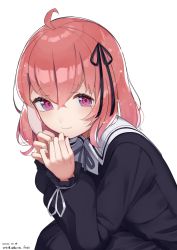 Rule 34 | 1girl, ahoge, black ribbon, commentary, crossed bangs, dated, hair between eyes, hair ornament, highres, hirota fruit, jacket, long sleeves, looking at viewer, medium hair, mole, mole under eye, nijisanji, pink hair, ribbon, sasaki saku, sasaki saku (4th costume), simple background, sitting, smile, solo, virtual youtuber, white background