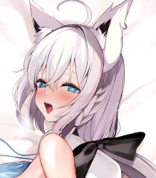 Rule 34 | 1girl, absurdres, ahoge, animal ear fluff, animal ears, bed sheet, black bow, blue eyes, blue neckerchief, blush, bow, braid, breasts, commentary request, earrings, fox ears, fox girl, hair between eyes, hair bow, heart, heart-shaped eyes, highres, hololive, hood, hoodie, jewelry, long hair, looking at viewer, looking to the side, medium breasts, neckerchief, niku (hamuchang), open mouth, saliva, shirakami fubuki, shirakami fubuki (1st costume), sidelocks, single braid, solo, virtual youtuber, white hair, white hoodie