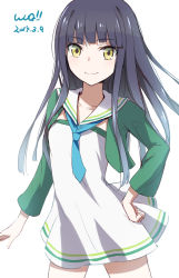 Rule 34 | 10s, 1girl, 2014, black hair, blush, collarbone, dated, female focus, green eyes, hand on own hip, highres, long hair, looking at viewer, minato (shouno), nanase yoshino, necktie, school uniform, simple background, smile, solo, standing, vest, wake up girls!, white background