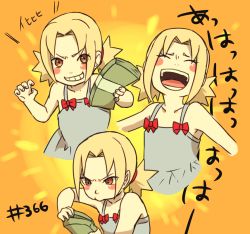 Rule 34 | 1girl, :d, blonde hair, blush stickers, bow, brown eyes, dress, closed eyes, grin, laughing, money, multiple views, naruto (series), naruto shippuuden, o96ap, open mouth, short twintails, smile, tsunade (naruto), twintails, aged down