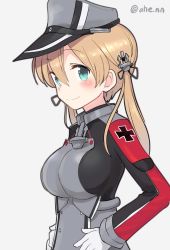 Rule 34 | 1girl, ahenn, anchor hair ornament, aqua eyes, blonde hair, blush, breasts, cross, gloves, grey background, hair ornament, hat, iron cross, kantai collection, long hair, long sleeves, medium breasts, military, military uniform, peaked cap, prinz eugen (kancolle), simple background, smile, solo, twintails, twitter username, uniform, upper body, white gloves
