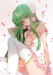 Rule 34 | 1girl, blush, breasts, c.c., china dress, chinese clothes, cleavage, cleavage cutout, clothing cutout, code geass, commentary request, creayus, double bun, dress, food, green hair, hair bun, long hair, looking at viewer, petals, pizza, shiny skin, solo, thighhighs, white thighhighs, yellow eyes