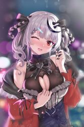 Rule 34 | 1girl, absurdres, bare shoulders, breasts, grey hair, highres, hololive, holox, hou00e1ng nc, looking at viewer, medium breasts, official alternate costume, open mouth, red eyes, sakamata chloe, sakamata chloe (jirai kei), short twintails, solo, twintails, virtual youtuber