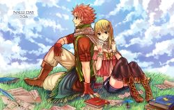 Rule 34 | 1boy, 1girl, black thighhighs, blonde hair, breasts, brown eyes, cleavage, fairy tail, fingerless gloves, gloves, leonstar, long hair, lucy heartfilia, natsu dragneel, outdoors, pink hair, scarf, shared clothes, shared scarf, short hair, spiked hair, tattoo, thighhighs, white thighhighs