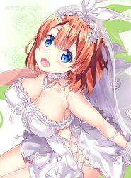 Rule 34 | 1girl, :d, bare shoulders, blue eyes, blush, breasts, bridal veil, brown hair, cleavage, collarbone, commentary request, dress, floral background, flower, fujima takuya, go-toubun no hanayome, hair between eyes, hair ornament, hair ribbon, large breasts, looking at viewer, nakano yotsuba, open mouth, ribbon, rose, see-through, short dress, sitting, smile, solo, twitter username, veil, wedding dress, white flower, white ribbon, white rose