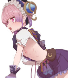 Rule 34 | 1girl, atelier (series), atelier lydie &amp; suelle, bent over, blush, breasts, female focus, frilled hairband, frills, from side, gloves, gradient hair, hair ornament, hairband, lydie marlen, multicolored hair, navel, nipples, open mouth, pink eyes, pink hair, purple hair, purple skirt, ribs, short hair, side ponytail, sideless outfit, simple background, skirt, small breasts, smile, solo, sumiyao (amam), two-tone hair, upper body, white background