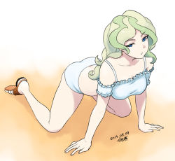 Rule 34 | 1girl, all fours, artist name, blonde hair, blush, dated, diana cavendish, earrings, frills, jewelry, little witch academia, long hair, looking at viewer, panties, parted lips, sandals, solo, tsukudani (coke-buta), underwear, underwear only, white panties