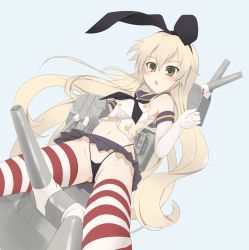 Rule 34 | 10s, 1girl, bad id, bad pixiv id, blonde hair, elbow gloves, gisyo, gloves, highres, kantai collection, long hair, microskirt, panties, pantyshot, shimakaze (kancolle), skirt, solo, striped clothes, striped thighhighs, thighhighs, underwear, upskirt