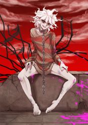 Rule 34 | 1boy, :d, bare legs, barefoot, blood, chain, cloud, collar, collarbone, commentary, danganronpa (series), danganronpa another episode: ultra despair girls, english commentary, grey hair, hands on own thighs, injury, komaeda nagito, looking at viewer, male focus, metal collar, mixed-language commentary, nail polish, open mouth, pink blood, red nails, red sky, servant (danganronpa), shirt, sitting, sky, sleeves past wrists, smile, solo, striped clothes, striped shirt, teeth, upper teeth only, yandr4hope