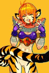 Rule 34 | 1girl, animal ears, artist name, breasts, breath of fire, breath of fire ii, bustier, cat ears, commentary, facial mark, gloves, green eyes, highres, looking at viewer, medium breasts, navel, orange hair, pointy ears, rinpoo chuan, short hair, simple background, solo, tail, tiger stripes, tiger tail, yoshikawa tatsuya