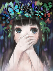 Rule 34 | 1girl, bad id, bad pixiv id, black hair, blue eyes, blush, bug, butterfly, covering own mouth, highres, insect, long hair, maigoyaki, original, solo