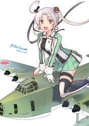 Rule 34 | 1girl, ahoge, aircraft, airplane, akitsushima (kancolle), armpit cutout, black thighhighs, blush, breasts, bridal garter, clothing cutout, dated, earrings, flying boat, gloves, hair ribbon, hat, jacket, jewelry, kantai collection, long hair, long sleeves, mini hat, nishikitaitei-chan, one-hour drawing challenge, open mouth, pleated skirt, ponytail, ribbon, shiozaki zoe, side ponytail, sidelocks, simple background, sitting, skirt, solo, thighhighs, twitter username, white background, white gloves