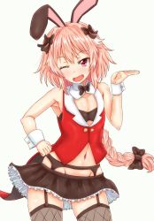Rule 34 | 1boy, ;d, animal ears, armpits, astolfo (fate), bandeau, bare arms, bare shoulders, black bow, black bowtie, black garter belt, black skirt, black thighhighs, blush, bow, bowtie, braid, clenched hand, coattails, collarbone, commentary, contrapposto, detached collar, dot nose, eyelashes, fang, fate/apocrypha, fate (series), fishnet thighhighs, fishnets, frilled skirt, frills, garter belt, gluteal fold, hair bow, hair intakes, hand on own hip, hand up, heart, heart-shaped pupils, highres, long hair, looking at viewer, lowleg, lowleg skirt, male focus, microskirt, multicolored hair, navel, one eye closed, open mouth, pink hair, purple eyes, rabbit ears, raised eyebrows, red vest, simple background, single braid, skirt, sleeveless, smile, solo, standing, stomach, streaked hair, symbol-shaped pupils, thighhighs, toned, toned male, trap, two-tone hair, very long hair, vest, white background, white hair, wrist cuffs, yasuda hakaru, zettai ryouiki