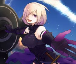 Rule 34 | 1girl, :d, armor, bare shoulders, black dress, breasts, dress, ecriture, fate/grand order, fate (series), female focus, gloves, hair over one eye, happy, head tilt, holding, large breasts, light purple hair, looking at viewer, mash kyrielight, open mouth, outstretched arms, outstretched hand, purple eyes, round teeth, shield, short dress, sleeveless, sleeveless dress, smile, solo, spread arms, standing, teeth, type-moon