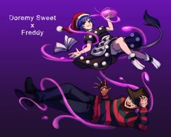 Rule 34 | 1boy, 1girl, a nightmare on elm street, black dress, black footwear, bloomers, blue eyes, blue hair, blue pants, book, brown headwear, doremy sweet, dream soul, dress, english text, freddy krueger, full body, gradient background, hand on headwear, hat, long sleeves, looking at viewer, nightcap, open book, open mouth, outstretched hand, pants, pom pom (clothes), purple background, red headwear, sdz (inazuma), shirt, shoes, short sleeves, striped clothes, striped shirt, tail, tapir tail, touhou, underwear, white bloomers, white footwear