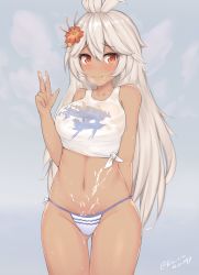 Rule 34 | 10s, 1girl, ahoge, arm at side, arm behind back, artist name, bikini, bikini bottom only, blue background, blush, breasts, breath, closed mouth, cowboy shot, cum, cum on body, cum on lower body, dark-skinned female, dark skin, dated, flower, gluteal fold, granblue fantasy, hair between eyes, hair flower, hair ornament, heart, heart-shaped pupils, kuavera, large breasts, long hair, looking back, navel, red eyes, see-through, shirt, silver hair, smile, solo, suggestive fluid, swimsuit, symbol-shaped pupils, tank top, thigh gap, tied shirt, w, white bikini, zooey (granblue fantasy)