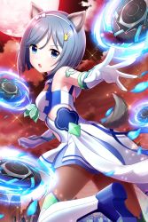 Rule 34 | alternative girls, animal ears, blue dress, blue eyes, blue petals, blush, boots, rabbit hair ornament, dog ears, dog tail, dress, fighting stance, gloves, grey hair, hair ornament, hairband, highres, looking at viewer, moon, night, night sky, official art, open mouth, orimiya yui, outdoors, red moon, red sky, short hair, sky, solo, tail, thigh boots, thighhighs, two-tone dress, white dress, white gloves, white hairband
