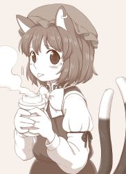 Rule 34 | 1girl, animal ears, bow, cat&#039;s tongue, cat ears, cat girl, chen, coffee, cup, dress, earrings, female focus, hat, jewelry, partially colored, poronegi, simple background, single earring, solo, steam, tears, tongue, touhou, twintails