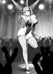 Rule 34 | 1girl, animal ears, arm up, armpits, audience, black gloves, black leotard, black ribbon, blunt bangs, blush, breasts, butterfly hair ornament, cleavage, closed mouth, commentary request, curvy, dancing, elbow gloves, fake animal ears, fishnet thighhighs, fishnets, full body, gloves, go-toubun no hanayome, groin, hair between eyes, hair ornament, hair ribbon, hand in own hair, high heels, highleg, highleg leotard, highres, indoors, kosmos beta, large breasts, leotard, long hair, looking at viewer, monochrome, nakano nino, nightclub, nose blush, playboy bunny, pole, pole dancing, rabbit ears, ribbon, skindentation, smile, solo focus, split mouth, stage, stage lights, standing, standing on one leg, strapless, strapless leotard, stripper pole, thighhighs, thighs, two side up, very long hair, wide hips