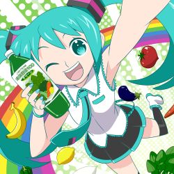 Rule 34 | 1girl, :d, aqua eyes, aqua hair, arm up, armpits, banana, bell pepper, bracelet, carrot, eggplant, face, flat chest, food, foreshortening, fruit, hatsune miku, holding, jewelry, lemon, long hair, nail polish, necktie, one eye closed, open mouth, pepper, poppippoo (vocaloid), rainbow, skirt, smile, solo, sunafuki, sunafuki tabito, thighhighs, tomato, twintails, vegetable juice, very long hair, vocaloid, wink