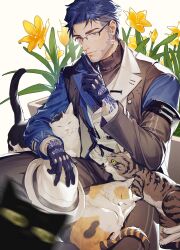 Rule 34 | 1boy, absurdres, anderain, animal, animal ears, animal on lap, beard, black cat, blue eyes, blue gloves, brown pants, calico, cat, cat ears, cat on lap, cat tail, facial hair, finger to mouth, flower, glasses, gloves, hat, highres, holding, holding clothes, holding hat, looking at viewer, male focus, mixed-language commentary, multicolored hair, on lap, pants, pawpads, streaked hair, tail, whiskers, white background, white headwear, wuthering waves, yuanwu (wuthering waves)