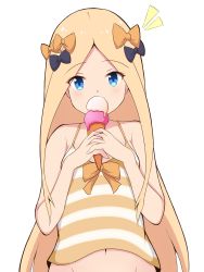 Rule 34 | 1girl, abigail williams (fate), absurdres, bare arms, bare shoulders, black bow, blonde hair, blue eyes, blush, bow, camisole, commentary request, covered mouth, double scoop, fate/grand order, fate (series), food, forehead, groin, hair bow, highres, holding, holding food, ice cream, ice cream cone, long hair, mitchi, navel, orange bow, parted bangs, simple background, solo, striped, striped camisole, upper body, very long hair, white background