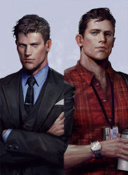 Rule 34 | 2boys, batman (series), black hair, black jacket, blue eyes, blue shirt, bruce wayne, clark kent, closed mouth, coffee cup, crossed arms, cup, dc comics, disposable cup, holding, holding cup, jacket, male focus, multiple boys, necktie, plaid, plaid shirt, red shirt, shirt, short hair, sideburns, superman (series), untitle, upper body, watch, wristwatch