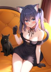 Rule 34 | 1girl, animal ears, bare shoulders, black bow, black cat, black choker, black dress, black gloves, blue eyes, blush, bow, breasts, cat, cat ears, cat girl, cat tail, choker, cleavage, closed mouth, collarbone, commentary request, couch, dress, gloves, hair bow, hair ornament, halloween, hand up, karutamo, long hair, looking at viewer, medium breasts, off shoulder, original, purple hair, rakugaki-chan, sitting, smile, tail, thighs, twintails, yellow eyes