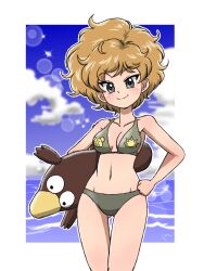 Rule 34 | 1girl, bikini, blue eyes, blue sky, breasts, brown bikini, closed mouth, cloud, cloudy sky, commentary, cowboy shot, day, girls und panzer, gluteal fold, groin, halterneck, hand on own hip, holding, holding stuffed toy, horizon, inflatable toy, kamonohashi (girls und panzer), lens flare, looking at viewer, medium breasts, messy hair, navel, ocean, orange hair, outdoors, print bikini, sky, smile, solo, sparkle, standing, stuffed platypus, stuffed toy, swimsuit, takahashi kurage, textless version, thigh gap