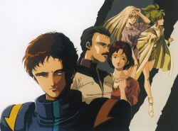 Rule 34 | 1990s (style), 2boys, 3girls, age difference, black hair, bright noa, brown hair, family, gigi andalusia, gundam, gundam hathaway&#039;s flash, hathaway noa, key visual, mikimoto haruhiko, mirai yashima, multiple boys, multiple girls, official art, pilot suit, promotional art, quess paraya, retro artstyle, scan, science fiction, serious, spacesuit, traditional media