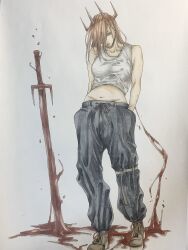 Rule 34 | 1girl, blonde hair, blood, blood sword, breasts, chainsaw man, commentary request, demon girl, demon horns, erupusai2, full body, grey pants, hair between eyes, hands in pockets, head tilt, highres, horns, long hair, looking at viewer, lying, medium breasts, navel, on stomach, pants, power (chainsaw man), red horns, shirt, simple background, solo, sword, weapon, white background, white shirt