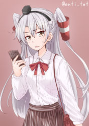 Rule 34 | 10s, 1girl, alternate costume, amatsukaze (kancolle), anti (untea9), bag, bow, brown eyes, casual, cellphone, contemporary, dress shirt, hair tubes, hairband, half updo, handbag, kantai collection, long hair, long sleeves, phone, red background, red bow, red ribbon, ribbed shirt, ribbon, shirt, silver hair, simple background, skirt, smartphone, solo, striped clothes, striped skirt, sweatdrop, twitter username, two side up, vertical-striped clothes, vertical-striped skirt