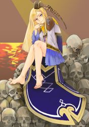 Rule 34 | 1girl, alternate costume, arched back, bare legs, barefoot, blonde hair, blue eyes, blunt bangs, brown headwear, commentary request, fate/grand order, fate (series), feet, full body, hand on own chin, hand up, highres, long hair, long sleeves, looking at viewer, nail polish, red nails, reines el-melloi archisorte, reines el-melloi archisorte (third ascension), royal robe, satou usuzuku, sitting, skull, smile, solo, throne, toenail polish, toenails