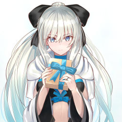 Rule 34 | 1girl, black bow, black dress, blue eyes, bow, box, braid, breasts, center opening, dress, fate/grand order, fate (series), french braid, gift, gift box, grey hair, hair bow, highres, large breasts, long hair, long sleeves, looking at viewer, morgan le fay (fate), neko daruma, ponytail, sidelocks, smile, solo, two-tone dress, very long hair, white dress, wide sleeves