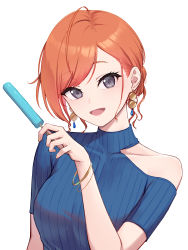 Rule 34 | 1girl, absurdres, ahoge, arisugawa natsuha, blue shirt, blush, bracelet, breasts, clothing cutout, earrings, highres, holding food, holding ice cream, ice cream, ice cream bar, idolmaster, idolmaster shiny colors, jewelry, large breasts, looking at viewer, orange hair, ribbed shirt, shirt, shoulder cutout, single bare shoulder, sjuno, smile, solo, swept bangs, upper body, wavy hair