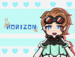 Rule 34 | 1girl, :d, animification, apex legends, black gloves, blue eyes, blush, character name, gloves, goggles, goggles on head, hair behind ear, heart, heart hands, highres, horizon (apex legends), nepitasu, open mouth, orange hair, smile, solo, spacesuit