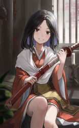 Rule 34 | 1girl, absurdres, blush, brown kimono, candle, candlelight, divine child of rejuvenation, highres, japanese clothes, katana, kimono, layered clothes, layered kimono, long hair, looking at viewer, nitouchesiji, parted bangs, sekiro: shadows die twice, smile, sword, weapon