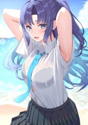 Rule 34 | 1girl, absurdres, armpits, arms behind head, arms up, beach, black bra, black skirt, blue archive, blue necktie, bra, bra visible through clothes, button gap, collared shirt, day, dress shirt, highres, looking at viewer, mutenka (plfgb), necktie, ocean, open mouth, outdoors, pleated skirt, purple eyes, purple hair, sand, see-through, shirt, short sleeves, sidelocks, skirt, smile, solo, two side up, underwear, wet, wet clothes, wet shirt, white shirt, yuuka (blue archive)