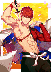 Rule 34 | 1boy, abs, bara, bare pectorals, clothes over shoulder, cowboy shot, emiya shirou, fate/grand order, fate (series), highres, igote, japanese clothes, kimono, large pectorals, looking at viewer, male focus, muscular, muscular male, navel, nipples, orange hair, pectorals, red hair, senji muramasa (fate), sheath, short hair, simple background, smile, solo, stomach, sword, thick eyebrows, unsheathing, v-shaped eyebrows, weapon, white kimono, xelgot, yellow eyes
