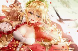 Rule 34 | 10s, 1girl, :d, absurdres, ahoge, animal, backlighting, bird, blonde hair, blurry, blurry background, breasts, cleavage, collarbone, commentary, depth of field, dress, dutch angle, epaulettes, fate/extra, fate (series), gauntlets, green eyes, hair between eyes, hair intakes, highres, juliet sleeves, junpaku karen, large breasts, long hair, long sleeves, nero claudius (fate), nero claudius (fate) (all), nero claudius (fate/extra), open mouth, petals, pixiv id, puffy sleeves, red dress, revision, smile, solo, symbol-only commentary, teeth, upper teeth only